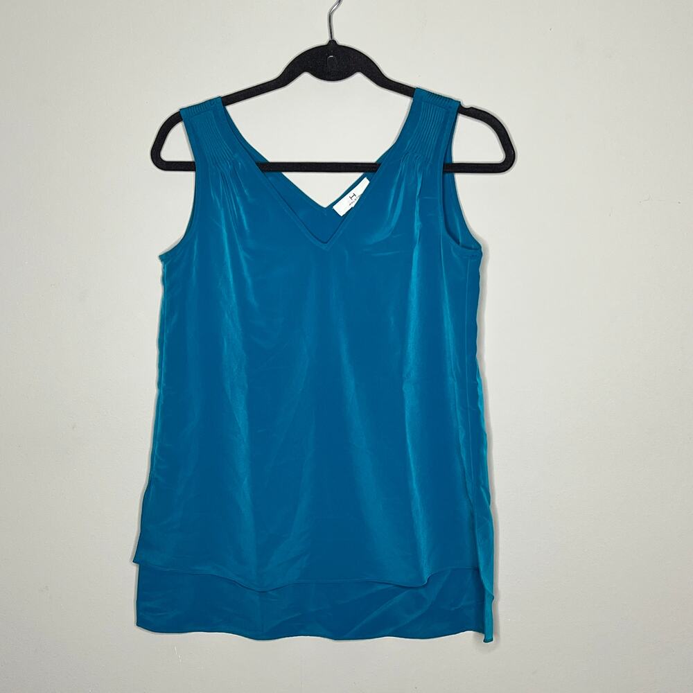 H by Halston Green Teal V-neck Hi-Low Hem Pintuck Shoulder‎ Sleeveless Top XS
